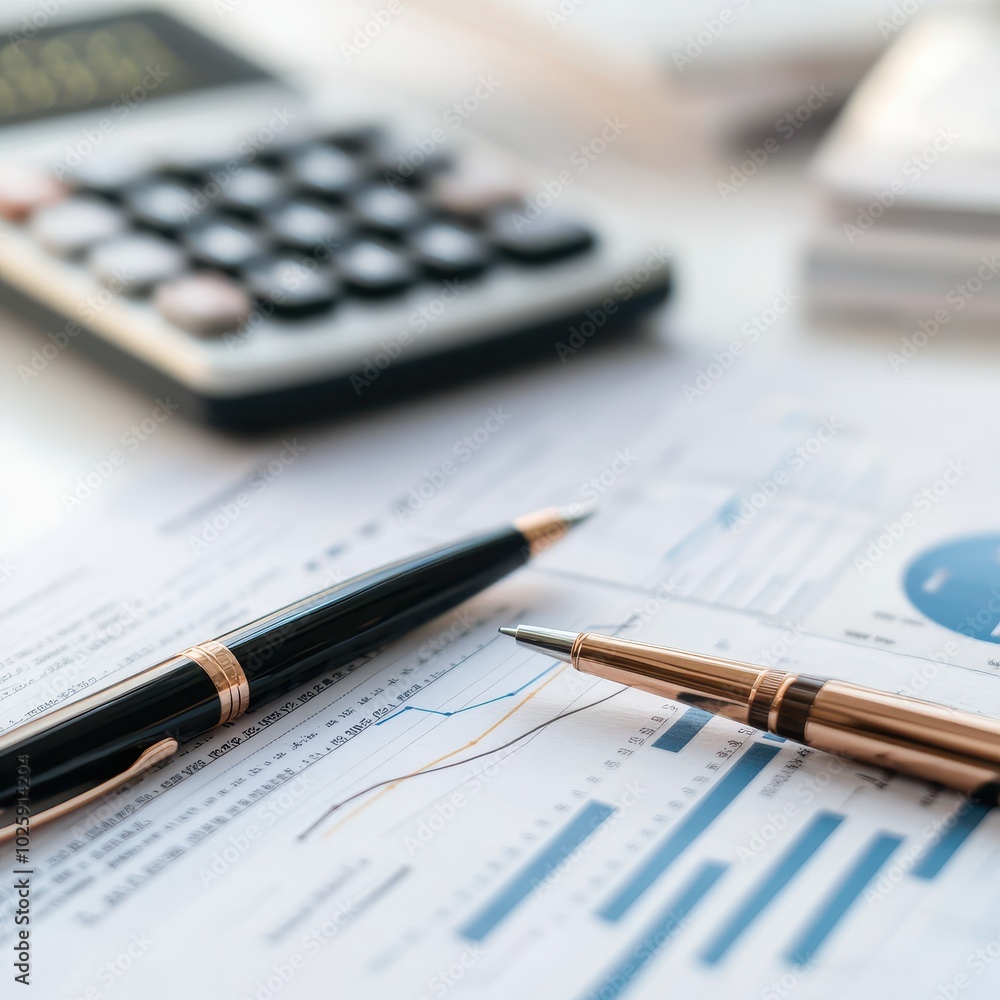 Close-up of Pens and Calculator on a Business Financial Report with Charts and Graphs. Close-up of Pens and Calculator on a Business Financial Report with Charts and Graphs.