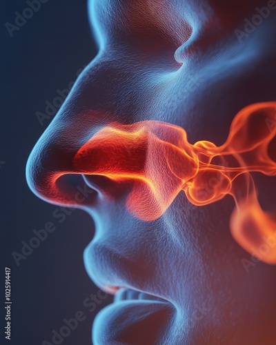 3D Illustration of Human Nose with Sinus Inflammation, Red and Blue Tone, Medical Concept photo