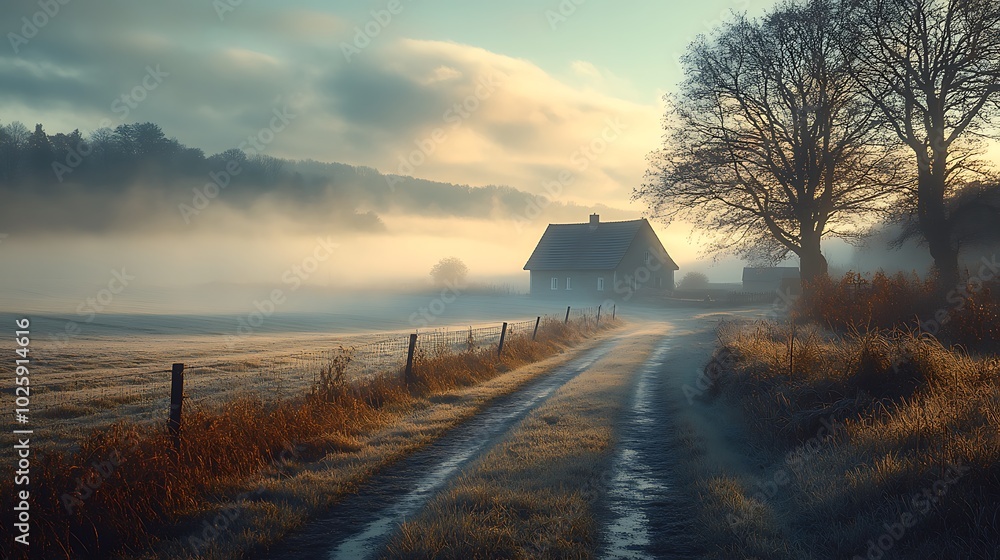 A serene morning scene in a foggy countryside, mist clinging to the wet ground and rolling over a small farmhouse in the distance. The sunlight starts to filter through the fog, A serene morning scene in a foggy countryside, mist clinging to the wet ground and rolling over a small farmhouse in the distance. The sunlight starts to filter through the fog,