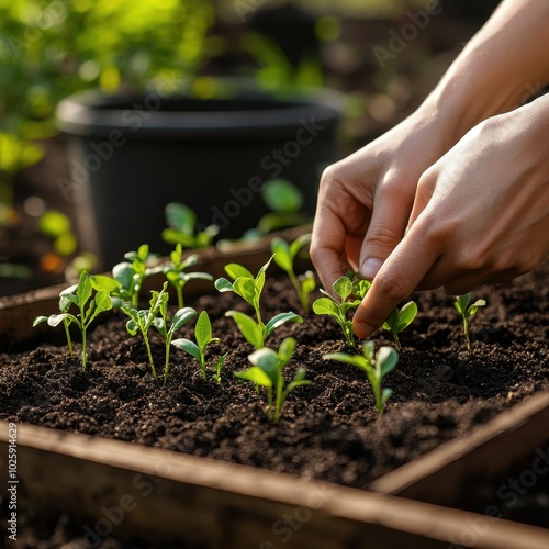 Closeup of Hands Planting Young Green Seedlings in Soil, Gardening and Agriculture Concept.