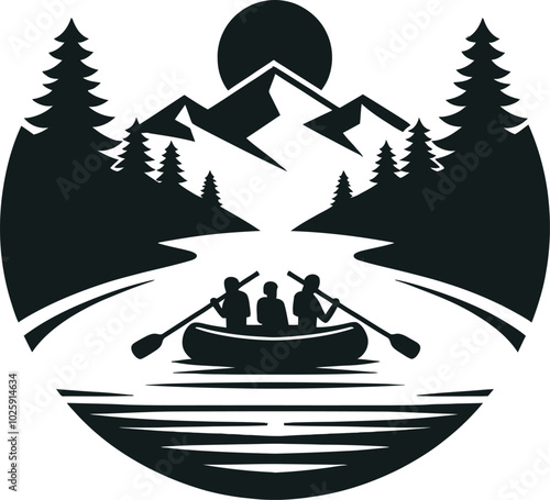 River rafting or Trekking,Kayak, silhouette design, minimal flat vector design, white background