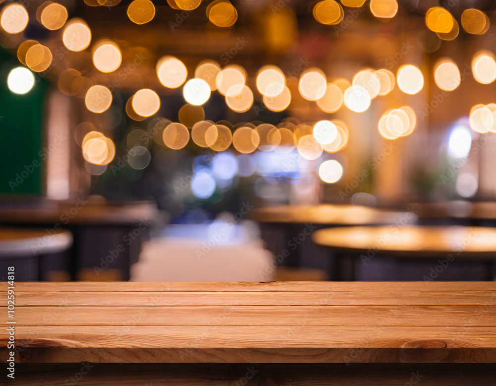 Wooden tabletop in a dimly lit café with twinkling fairy lights in the background at night Wooden tabletop in a dimly lit café with twinkling fairy lights in the background at night