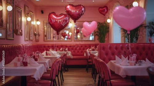 Cozy family Valentine dinner setup in a spacious pink restaurant with heartshaped balloons flying overhead Tables are adorned with lovethemed decor creating the perfect romantic atmosphere