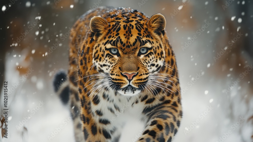 Close Up Portrait of a Majestic Amur Leopard in the Snow with a Focused Gaze Close Up Portrait of a Majestic Amur Leopard in the Snow with a Focused Gaze