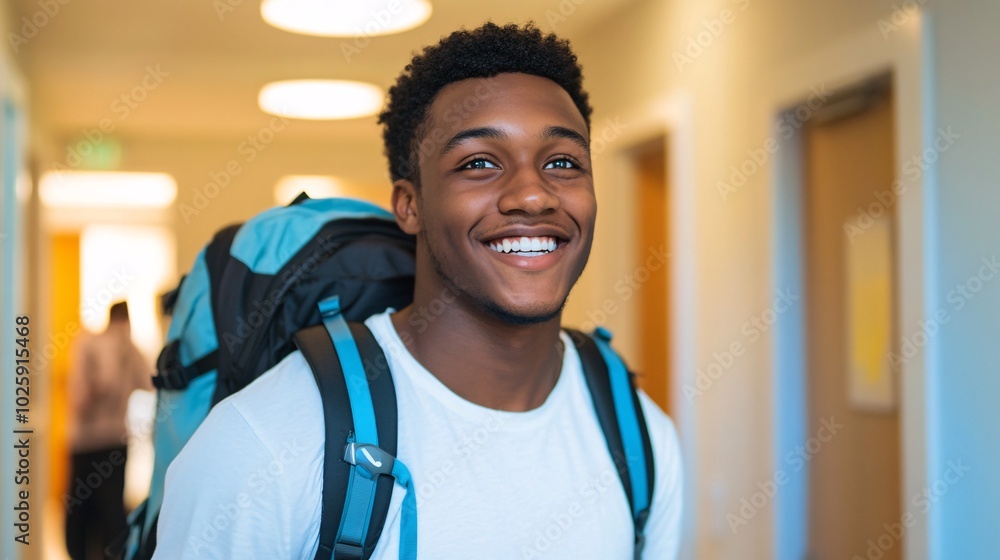 Naklejka premium College Student Excitedly Exploring New Dormitory With Backpack