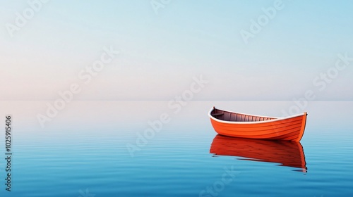 A serene image of an orange boat floating on calm waters under a clear blue sky.