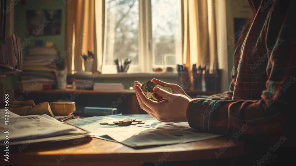 Holding Coins in Hand by a Window, Natural Light Illuminates a Cozy Study Space Holding Coins in Hand by a Window, Natural Light Illuminates a Cozy Study Space