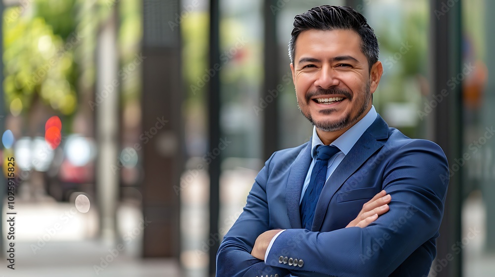 Hispanic Businessman with Arms Crossed, Smiling in City, Business Theme, Portrait Shot, City, Smiling Hispanic Businessman with Arms Crossed, Smiling in City, Business Theme, Portrait Shot, City, Smiling