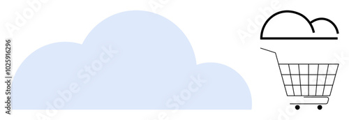 A large blue cloud next to a shopping cart with a smaller cloud inside. Ideal for cloud computing online shopping e-commerce cloud storage and technology services. Minimalist vector style
