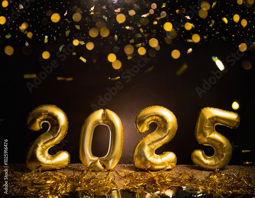 Celebrating the New Year 2025 with golden balloons and festive confetti in a joyful atmosphere