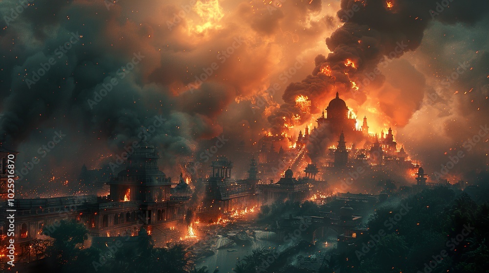 Burning Cityscape: A Dramatic Scene of Destruction Burning Cityscape: A Dramatic Scene of Destruction
