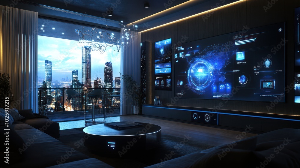 Futuristic Living Room with Cityscape View Futuristic Living Room with Cityscape View