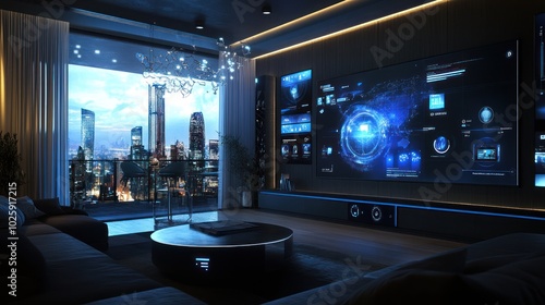 Futuristic Living Room with Cityscape View