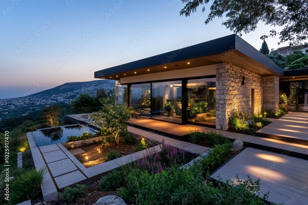 Modern luxury villa with an infinity pool and stunning views at dusk. Modern luxury villa with an infinity pool and stunning views at dusk.
