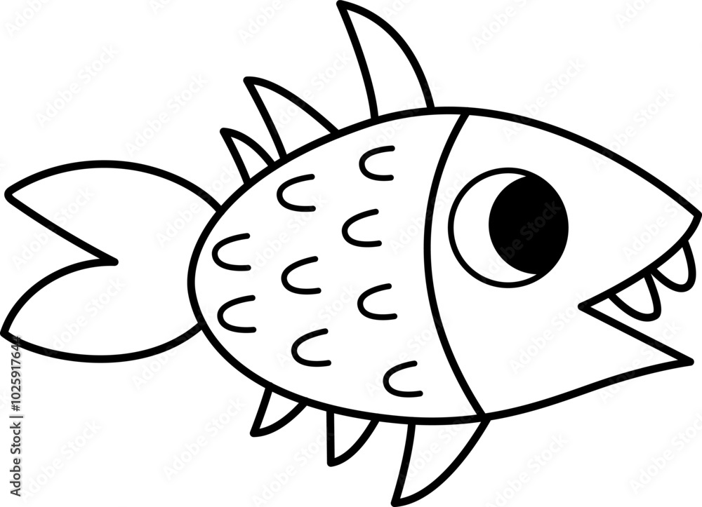 Vector black and white cartoon prehistoric fish icon with teeth. Cute dinosaur line illustration for kids. Funny ancient marine animal clipart or coloring page for children isolated on white Vector black and white cartoon prehistoric fish icon with teeth. Cute dinosaur line illustration for kids. Funny ancient marine animal clipart or coloring page for children isolated on white