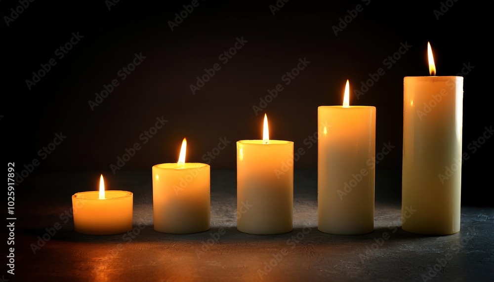 Set of pillar candles with flames illuminated, religious background, copy space, calm, meditation background. Set of pillar candles with flames illuminated, religious background, copy space, calm, meditation background.