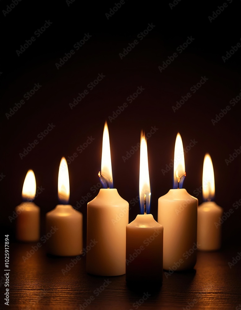 Set of pillar candles with flames illuminated, religious background, copy space, calm, meditation background. Set of pillar candles with flames illuminated, religious background, copy space, calm, meditation background.