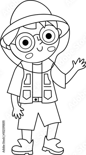 Vector black and white paleontologist icon. Cartoon archeologist boy clipart waving hand. Historical dinosaur dig or excavations scientist, explorer line illustration, coloring page