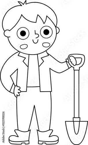 Vector black and white paleontologist icon. Cartoon archeologist boy clipart with shovel. Historical dinosaur dig or excavations scientist, explorer line illustration or coloring page