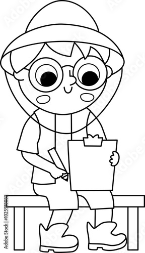 Vector black and white paleontologist icon. Archeologist boy in hat sitting and making notes on notepad. Historical dinosaur dig or excavations scientist, explorer line illustration or coloring page