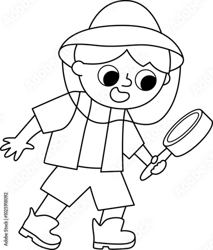 Vector black and white paleontologist icon. Cartoon curious archeologist boy in hat with looking glass. Historical dinosaur dig or excavations scientist, explorer line illustration or coloring page
