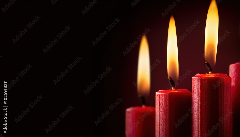 Set of pillar candles with flames illuminated, religious background, copy space, calm, meditation background. Set of pillar candles with flames illuminated, religious background, copy space, calm, meditation background.