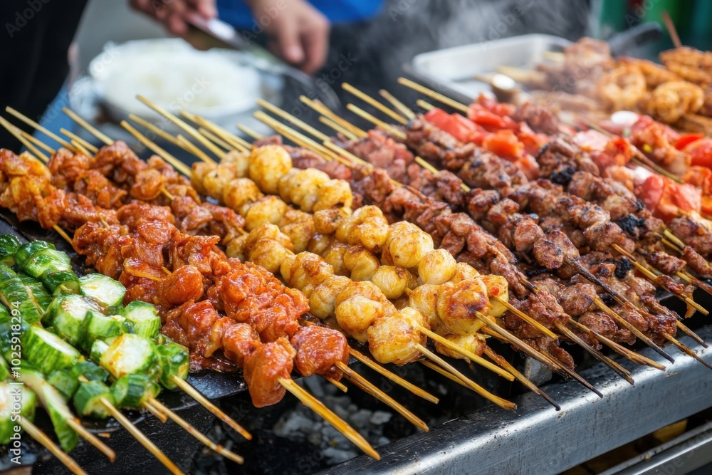 Delicious street food skewers ready for cooking Delicious street food skewers ready for cooking