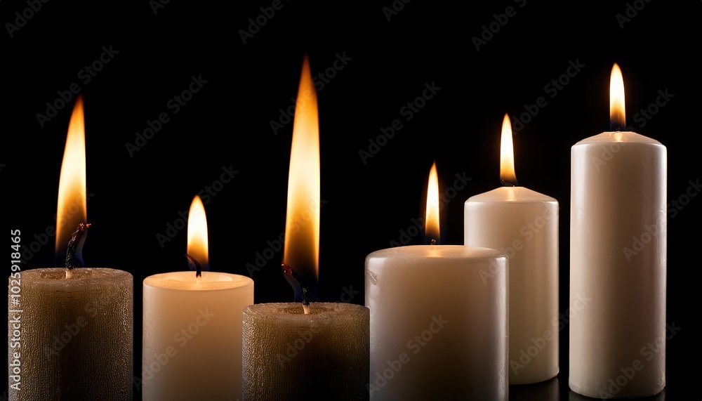Set of pillar candles with flames illuminated, religious background, copy space, calm, meditation background. Set of pillar candles with flames illuminated, religious background, copy space, calm, meditation background.