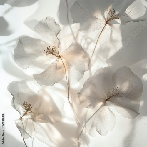 Delicate White Flower Petals with Shadows on White Background - Floral Abstract Photography