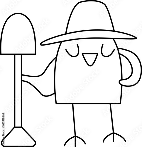 Vector black and white bird in hat standing with spade icon. Cartoon archeologist animal clipart. Historical dinosaur dig or excavations scientist, explorer line illustration. Digger coloring page