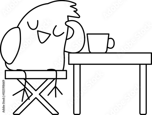 Vector black and white bird sleeping by the table with kettle and teacup icon. Cartoon archeologist animal clipart. Historical dinosaur dig or excavations scientist, explorer line illustration