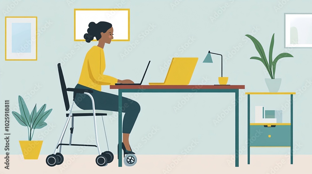Fototapeta premium Woman Using Walking Aid While Working on a Laptop at Home Office