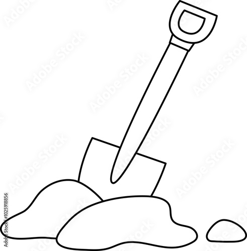 Vector black and white spade stuck in ground illustration isolated on white background. Line shovel icon with wooden handle. Vector garden, camping, archaeologist or paleontologist tool coloring page
