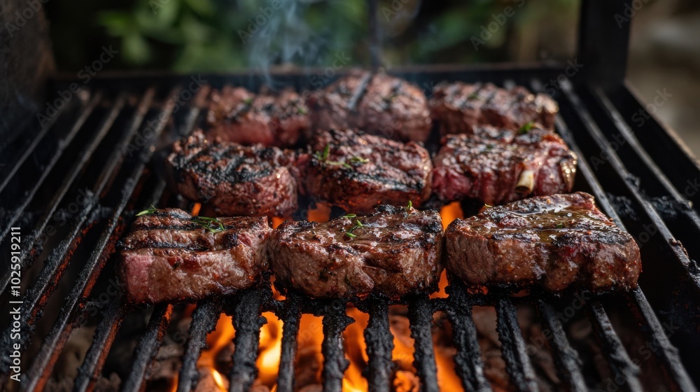 Grilling delicious steaks over an open flame Grilling delicious steaks over an open flame