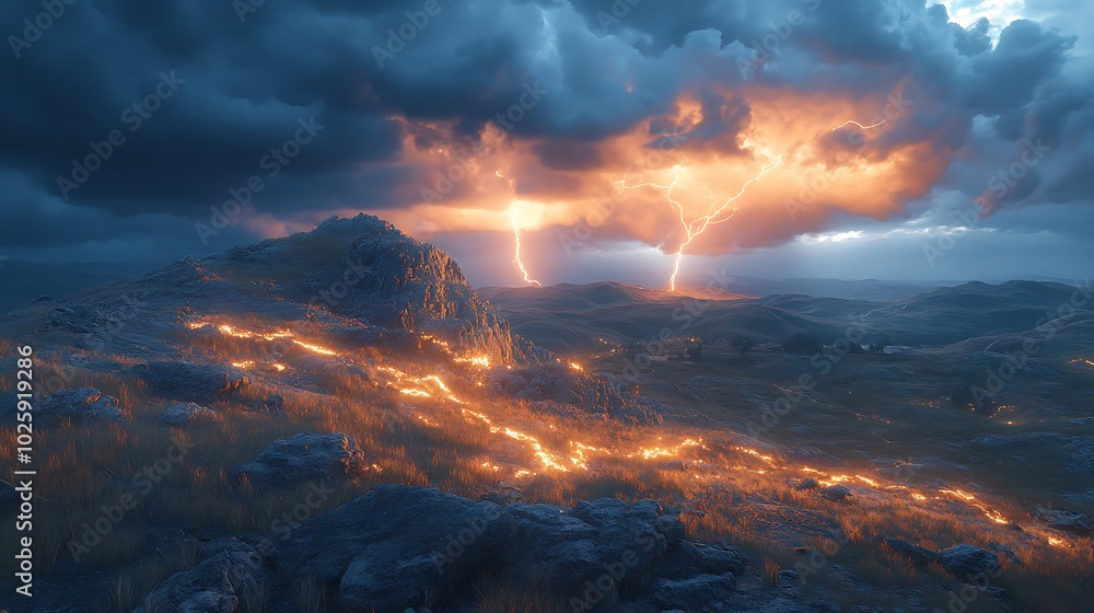A stormy night with two simultaneous lightning strikes hitting a rocky hillside, illuminating the entire landscape and casting long shadows. The swirling clouds above glow with the intense light, A stormy night with two simultaneous lightning strikes hitting a rocky hillside, illuminating the entire landscape and casting long shadows. The swirling clouds above glow with the intense light,