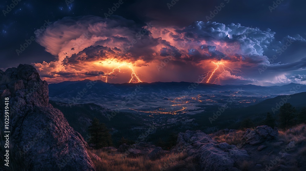 Fototapeta premium A stormy night with two simultaneous lightning strikes hitting a rocky hillside, illuminating the entire landscape and casting long shadows. The swirling clouds above glow with the intense light,
