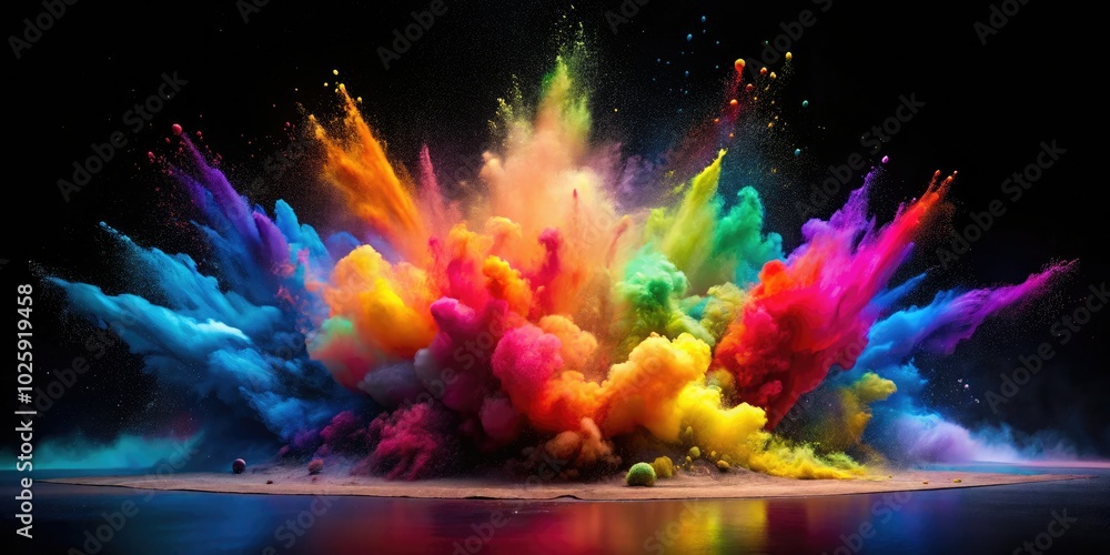 A mesmerizing slow-motion display of iridescent rainbow smoke powder bursts, filling the air with vibrant particles, creating a stunning and colorful visual spectacle. A mesmerizing slow-motion display of iridescent rainbow smoke powder bursts, filling the air with vibrant particles, creating a stunning and colorful visual spectacle.