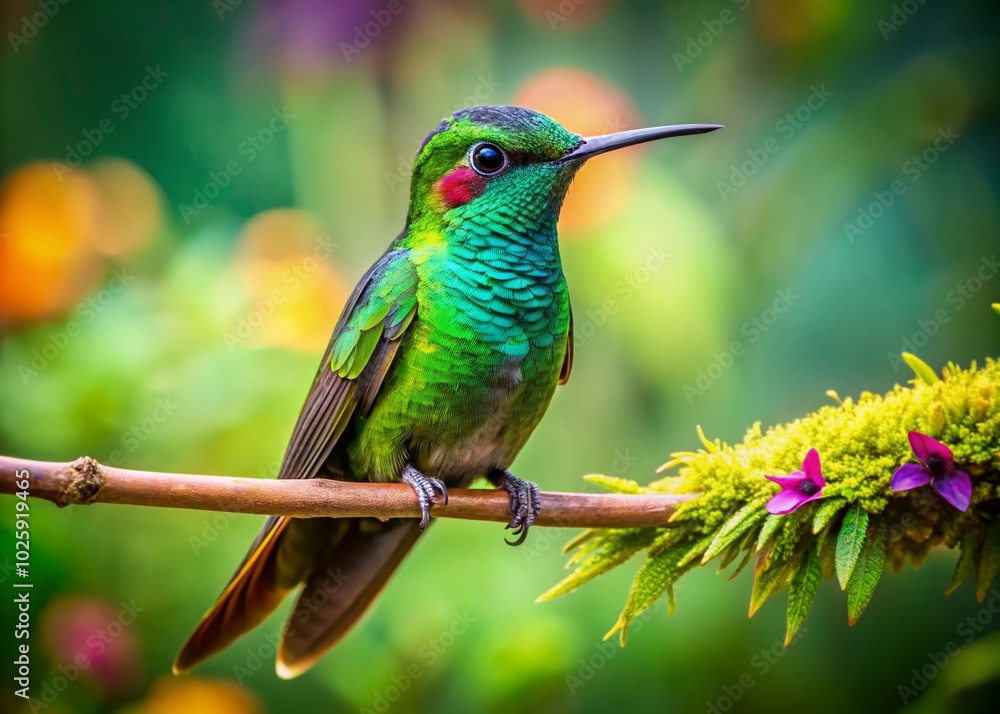 Fototapeta premium Berylline Hummingbird Perched in Low Light - Captivating Wildlife Photography