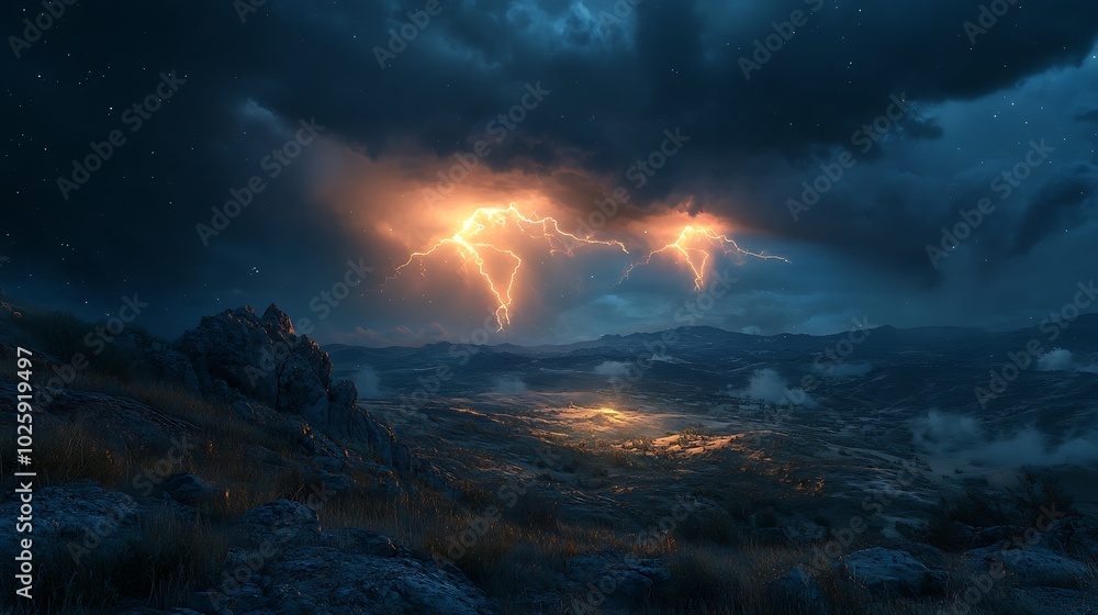 A stormy night with two simultaneous lightning strikes hitting a rocky hillside, illuminating the entire landscape and casting long shadows. The swirling clouds above glow with the intense light, A stormy night with two simultaneous lightning strikes hitting a rocky hillside, illuminating the entire landscape and casting long shadows. The swirling clouds above glow with the intense light,