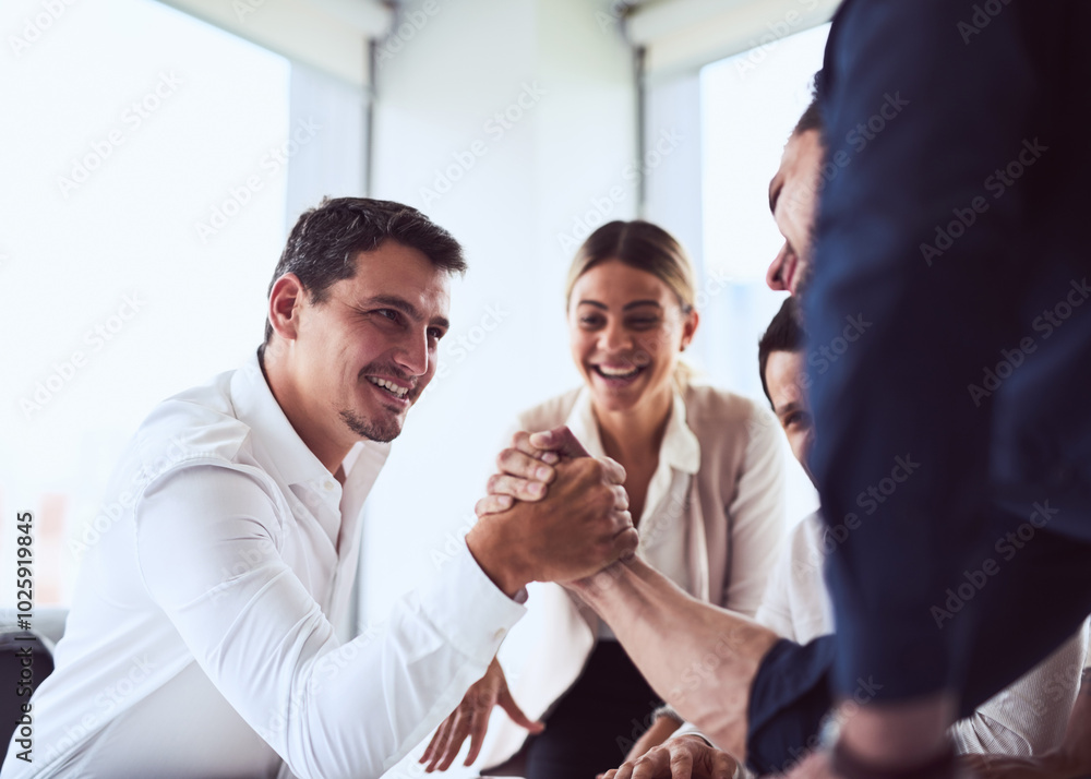 Arm wrestle, challenge and debate with business people in office boardroom for proposal. Competition, friendly and smile with employee group in workplace for effort, power dynamic or struggle Arm wrestle, challenge and debate with business people in office boardroom for proposal. Competition, friendly and smile with employee group in workplace for effort, power dynamic or struggle