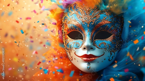 Dazzling carnival mask in vivid multicolors resting on a festive banner with swirling confetti and colorful patterns providing ample space on the bottom for text creating a lively yet clean design photo