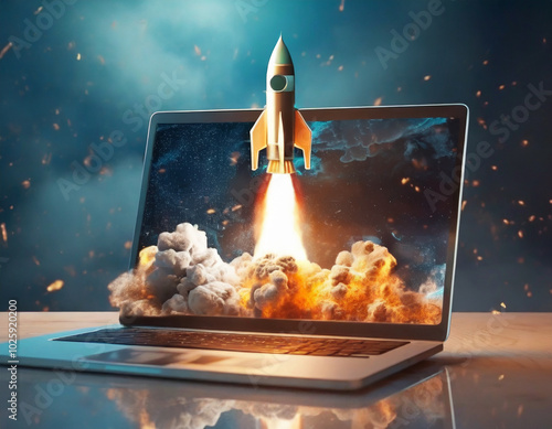 A rocket launches from a laptop screen, symbolizing creativity and innovation in a digital workspace