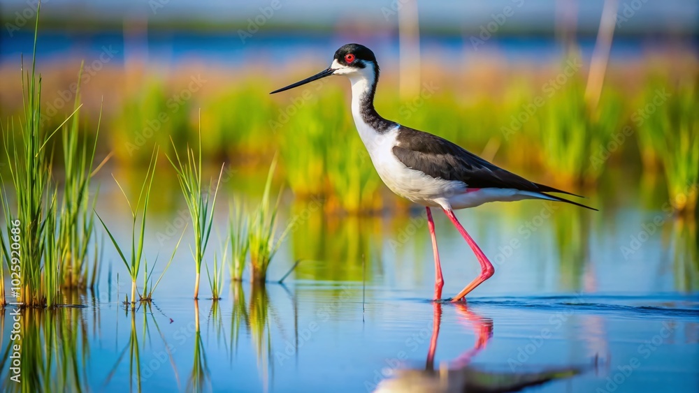Obraz premium Black-necked Stilt Wading in Blue Water - Nature Documentary Photography