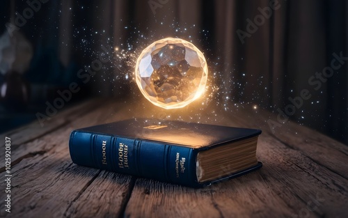 A glowing crystal orb floating above a Bible inscribed with The Book of Ezekiel, emitting a mystical light  photo