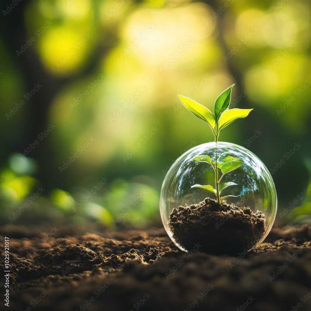 Young Plant Protected in Glass Sphere, Symbolizing Growth and Sustainability Young Plant Protected in Glass Sphere, Symbolizing Growth and Sustainability