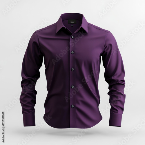 Purple shirt on white background, hanging neatly.