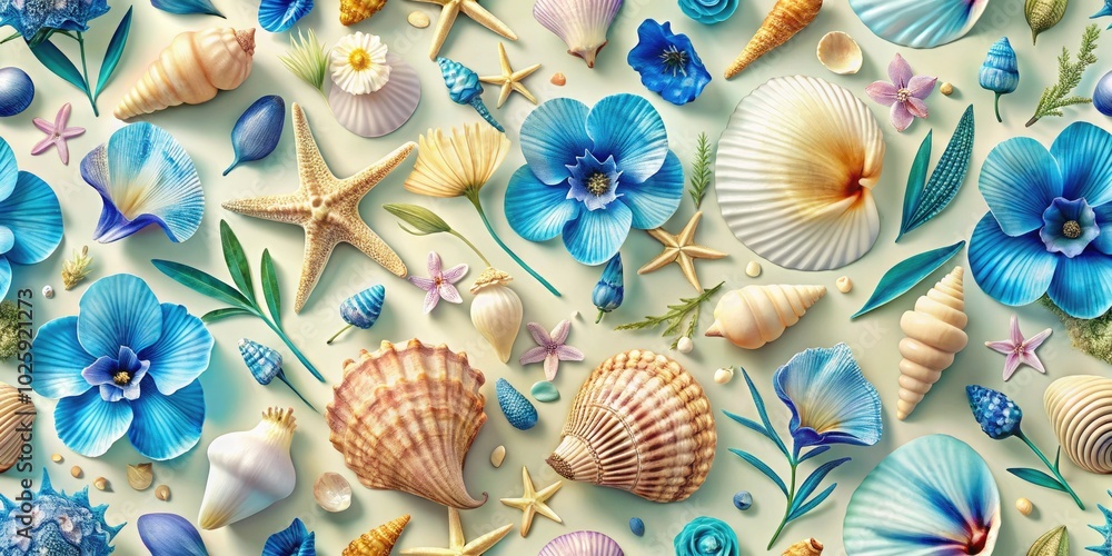 Fototapeta premium A seamless pattern featuring sea shells and blue petal flowers, perfect for enhancing your coastal decor with a touch of natural beauty and tranquility.