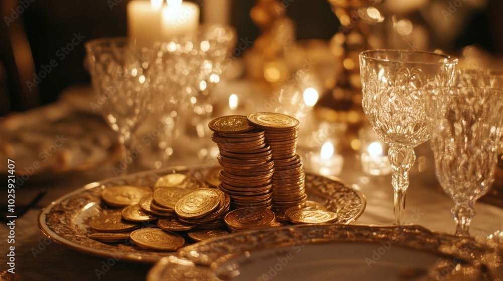 A lavish table setting featuring stacked gold coins, crystal glassware, and candlelight. A lavish table setting featuring stacked gold coins, crystal glassware, and candlelight.