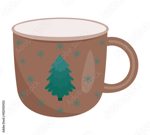 Brown mug with a pattern isolated on a transparent and white background. Cup with a green Christmas tree and snowflakes. Element close-up for design decoration. Vector illustration. Tableware.