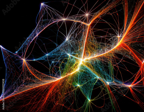 Colorful abstract design depicting interconnected lines and shapes in a dark background